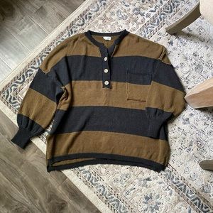 Bucket List Striped Sweater. Sz. L.  Olive and Navy striped with button front.